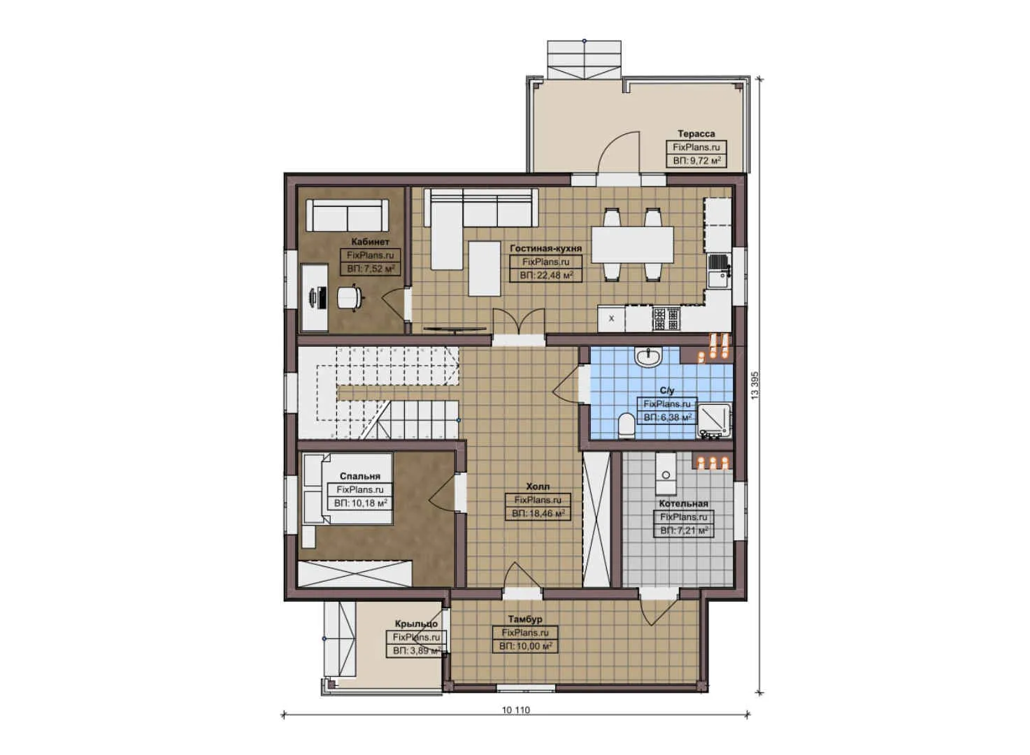 F-9719 - Планы двухэтажного дома 11 на 14, площадью 170 м² с террасой и 5 спальнями
