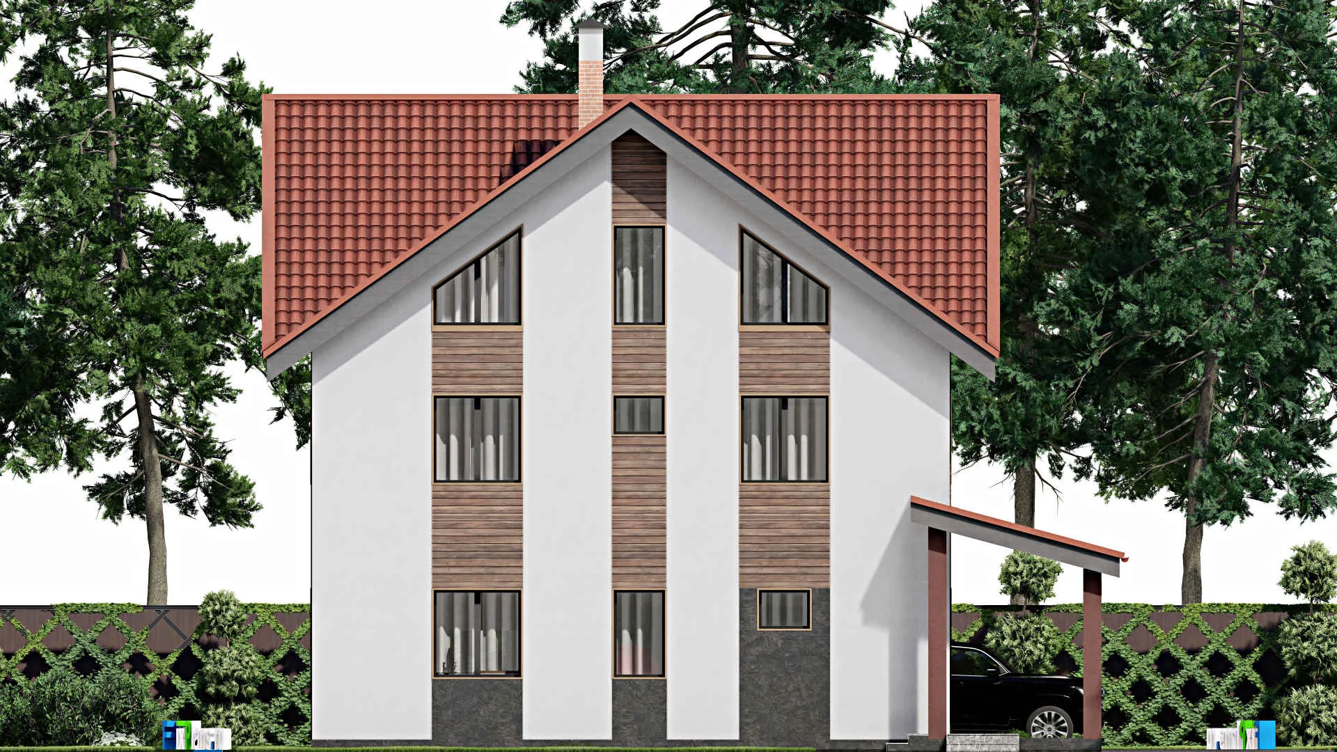 F-7163 - Проект двухэтажного дома с мансардой 12 на 14, площадью 280 м² с террасой, балконом и 4 спальнями