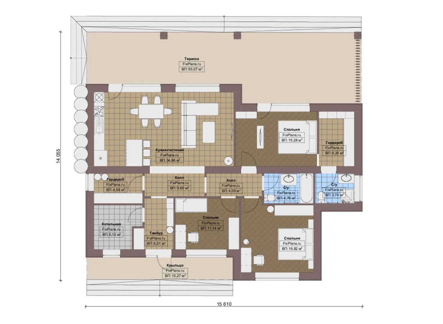 F-18323 - План одноэтажного дома 15 на 16, площадью 190 м² с террасой и 3 спальнями