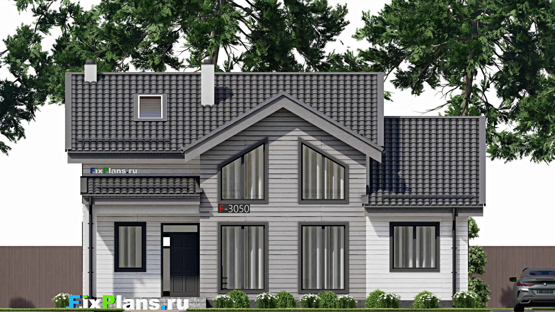 F-3050 - Проект дома с мансардой 12 на 13, площадью 200 м² с террасой и 5 спальнями