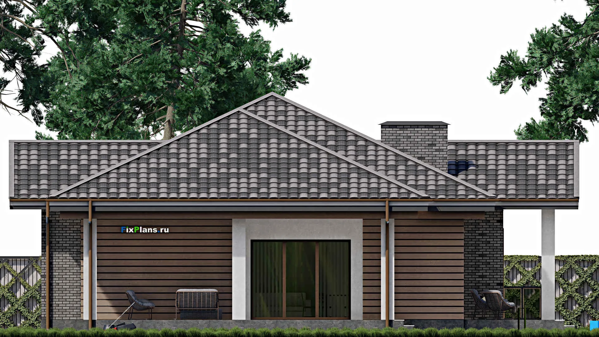 F-0467 - Проект одноэтажного дома 14 на 14, площадью 190 м² с террасой и 5 спальнями