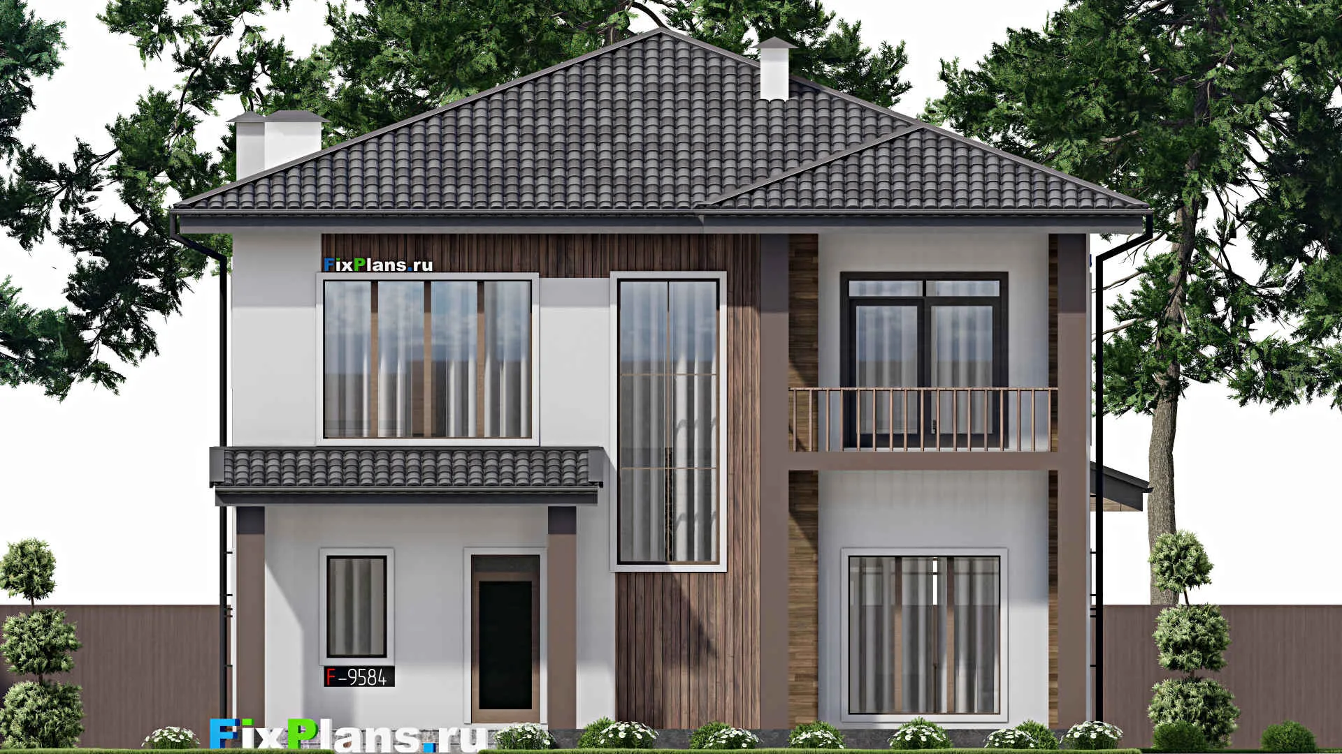 F-9584 - Проект двухэтажного дома 13 на 17, площадью 280 м² с террасой, балконом и 3 спальнями