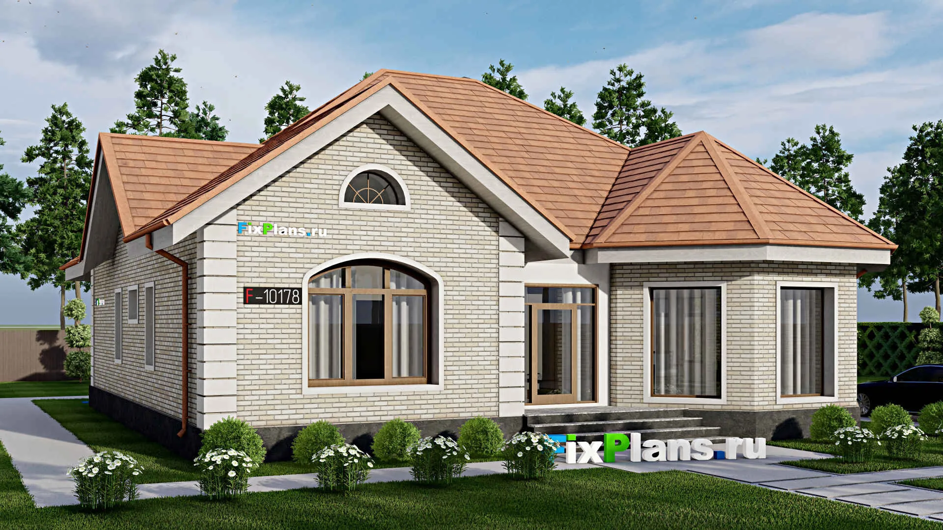 F-10178 - Проект одноэтажного дома 16 на 19, площадью 200 м² с террасой и 3 спальнями