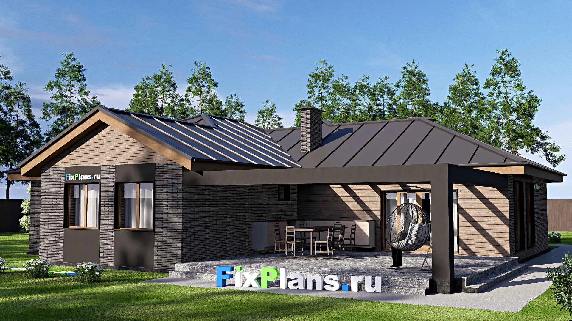 F-19403 - Проект одноэтажного дома 18 на 19, площадью 230 м² с террасой, гаражом на 1 машину и 4 спальнями