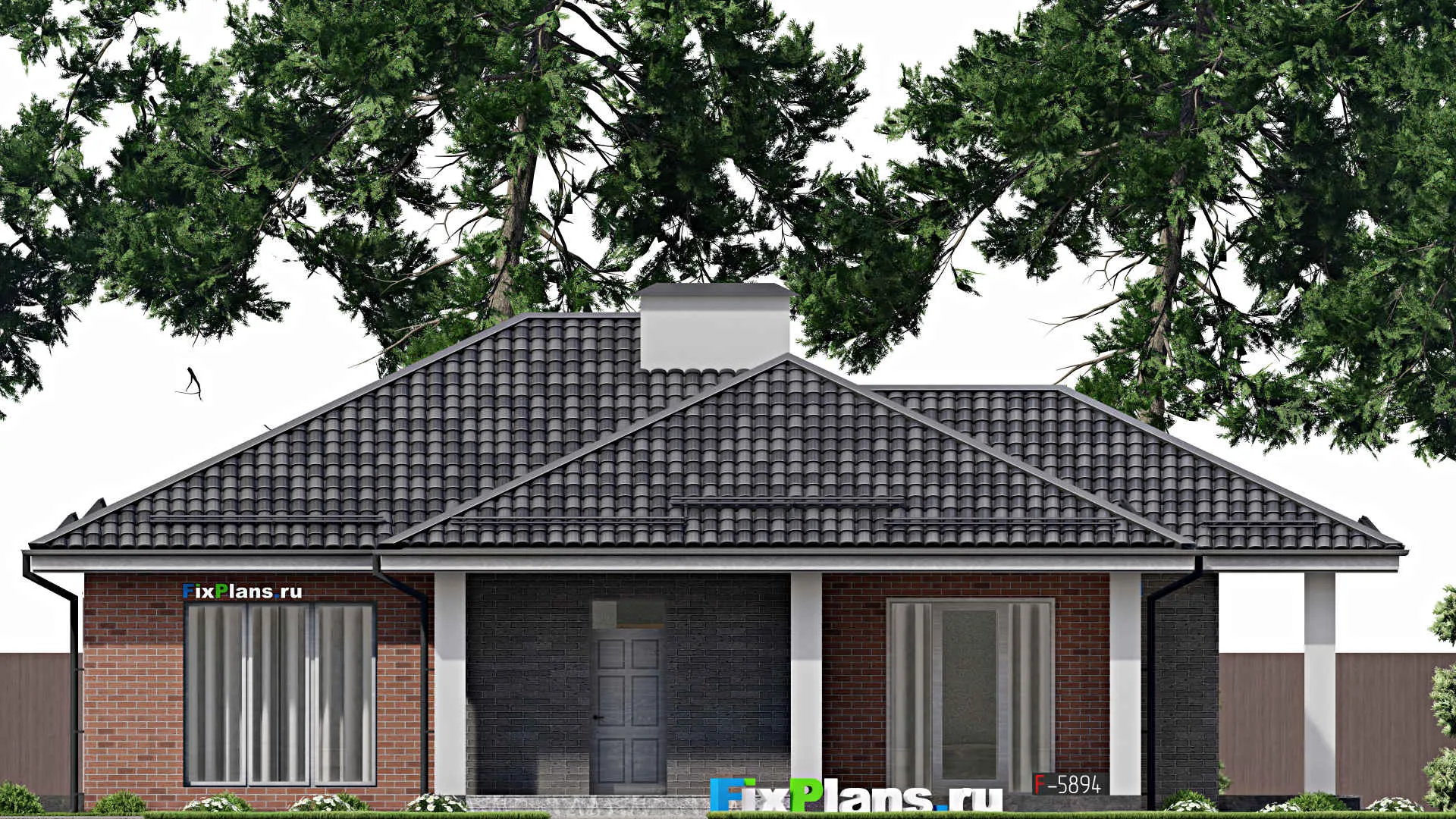 F-5894 - Проект одноэтажного дома 15 на 18, площадью 170 м² с террасой, баней и 3 спальнями