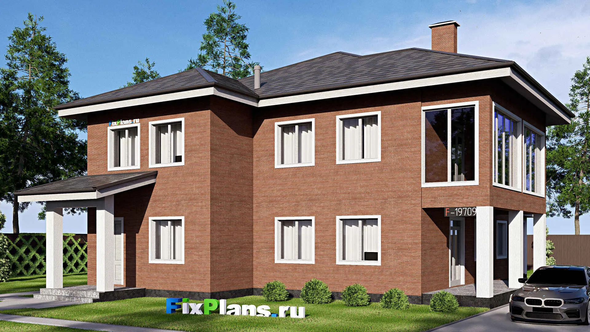F-19709 - Проект двухэтажного дома 15 на 19, площадью 340 м² с террасой, балконом и 4 спальнями