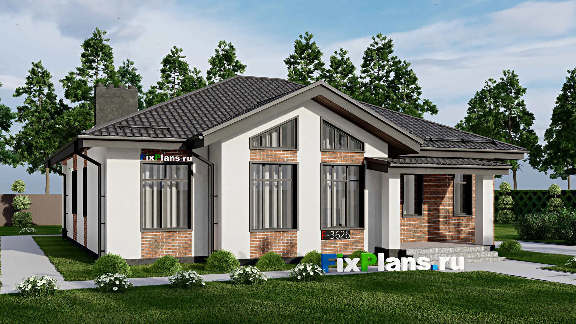 F-3626 - Проект одноэтажного дома 14 на 14, площадью 170 м² с террасой и 3 спальнями