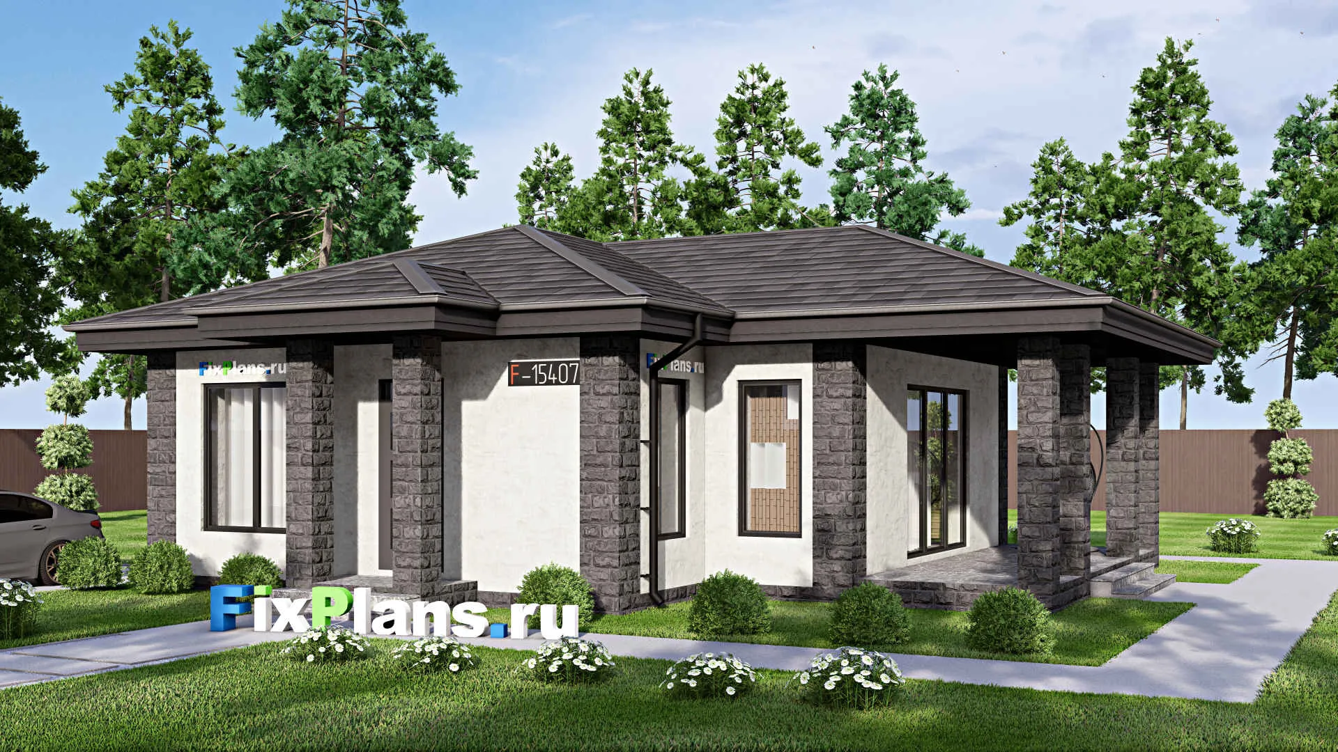 F-15407 - Проект бани 11 на 12, площадью 90 м² с комнатой отдыха, терассой, санузлом и спальней