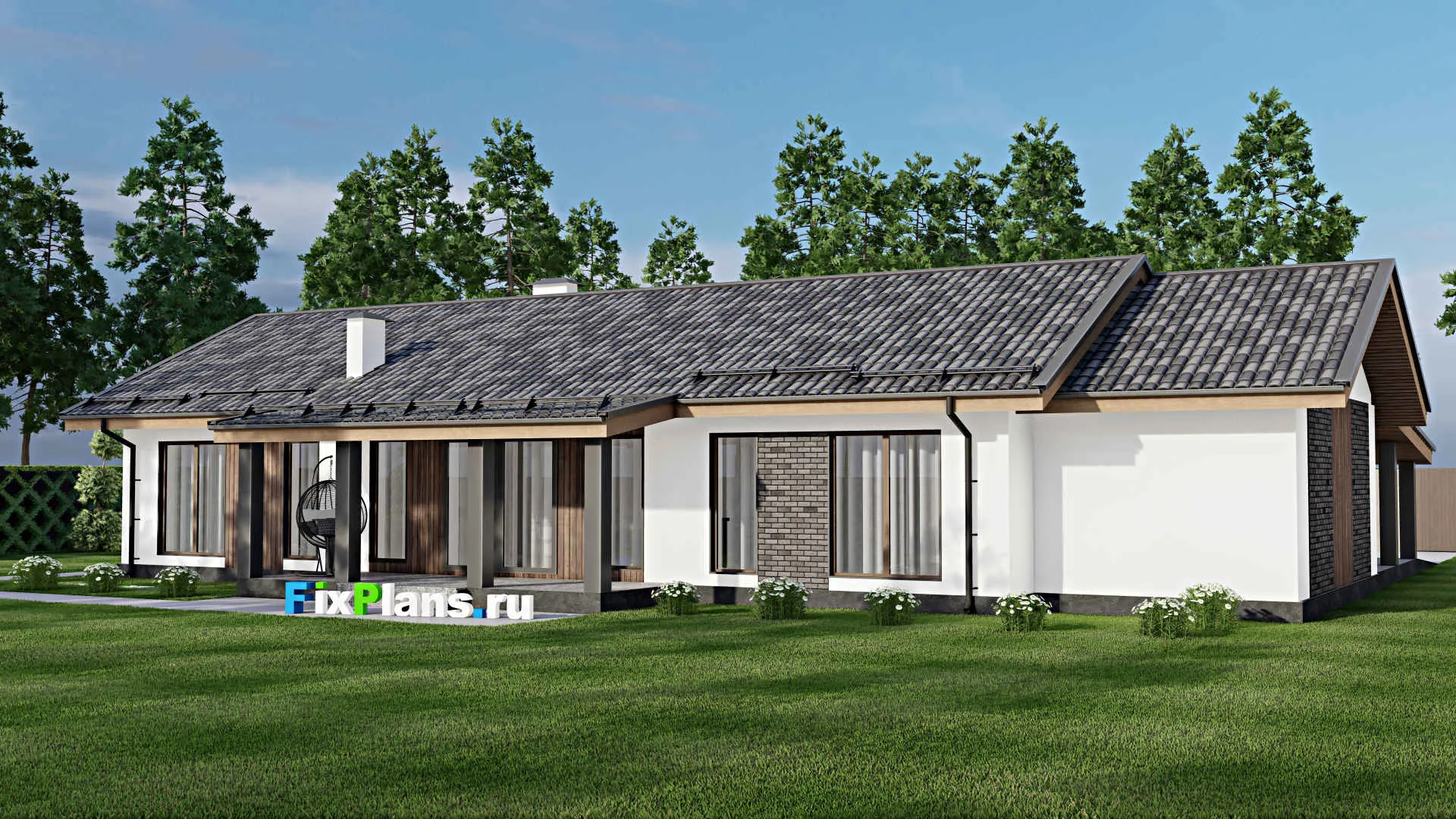 F-10709 - Проект одноэтажного дома 18 на 23, площадью 230 м² с террасой, гаражом на 1 машину и 3 спальнями