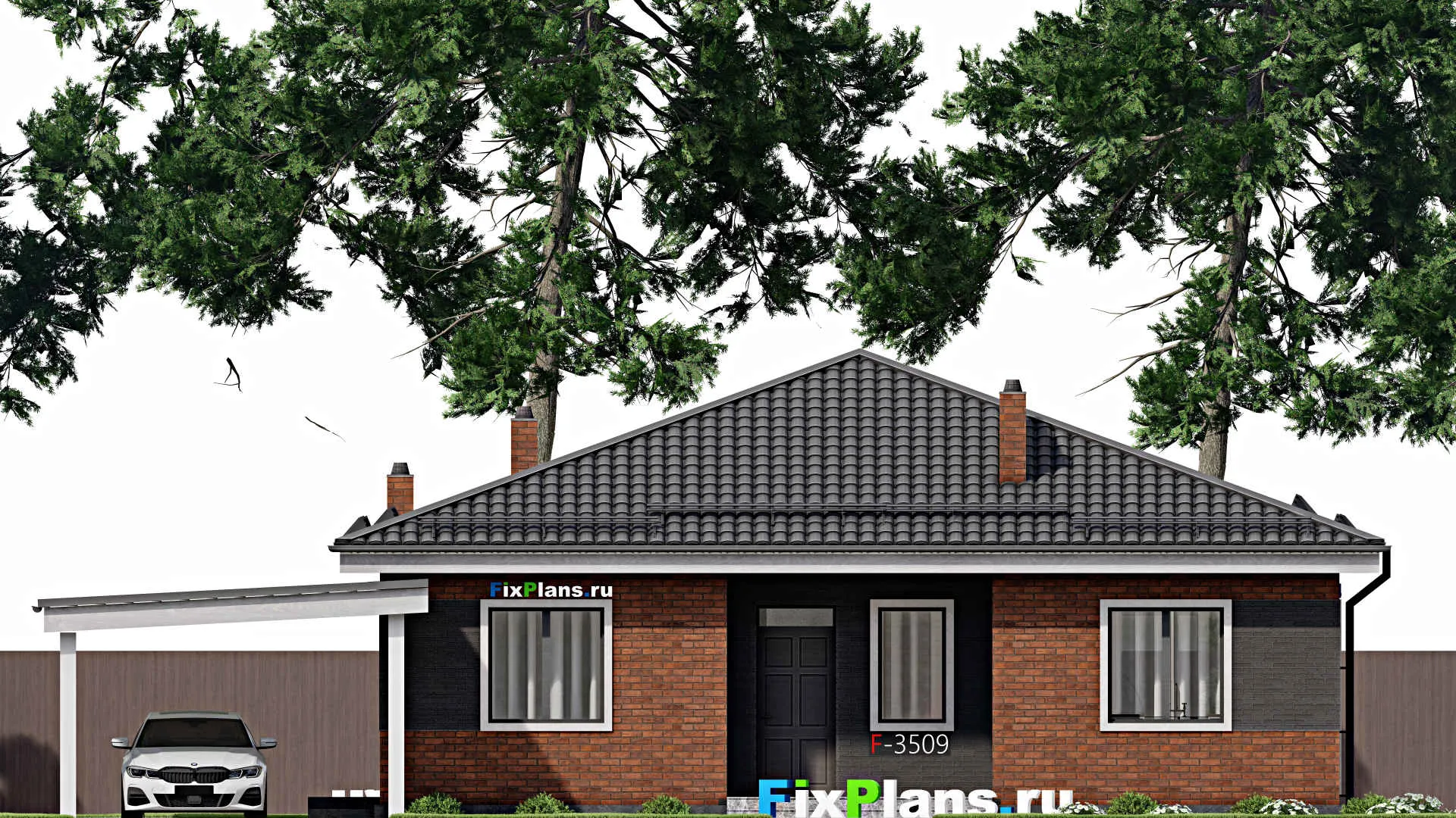 F-3509 - Проект одноэтажного дома 12 на 12, площадью 150 м² с террасой, баней и 2 спальнями