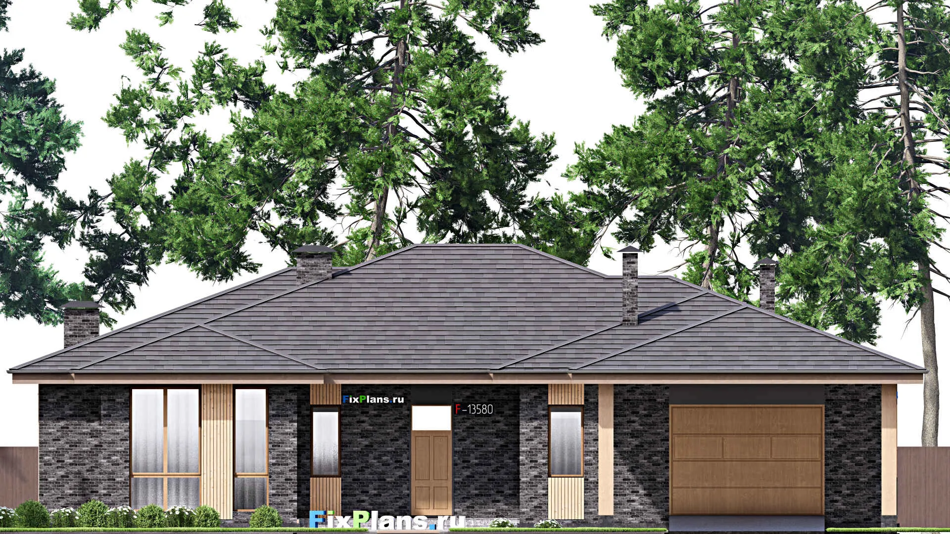 F-13580 - Проект одноэтажного дома 19 на 22, площадью 310 м² с гаражом на 2 машины и 3 спальнями