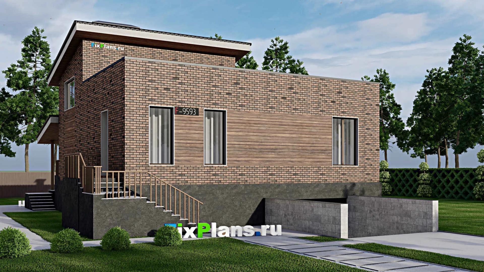 F-9593 - Проект одноэтажного дома 14 на 18, площадью 280 м² с цокольным этажом, гаражом на 2 машины и 3 спальнями