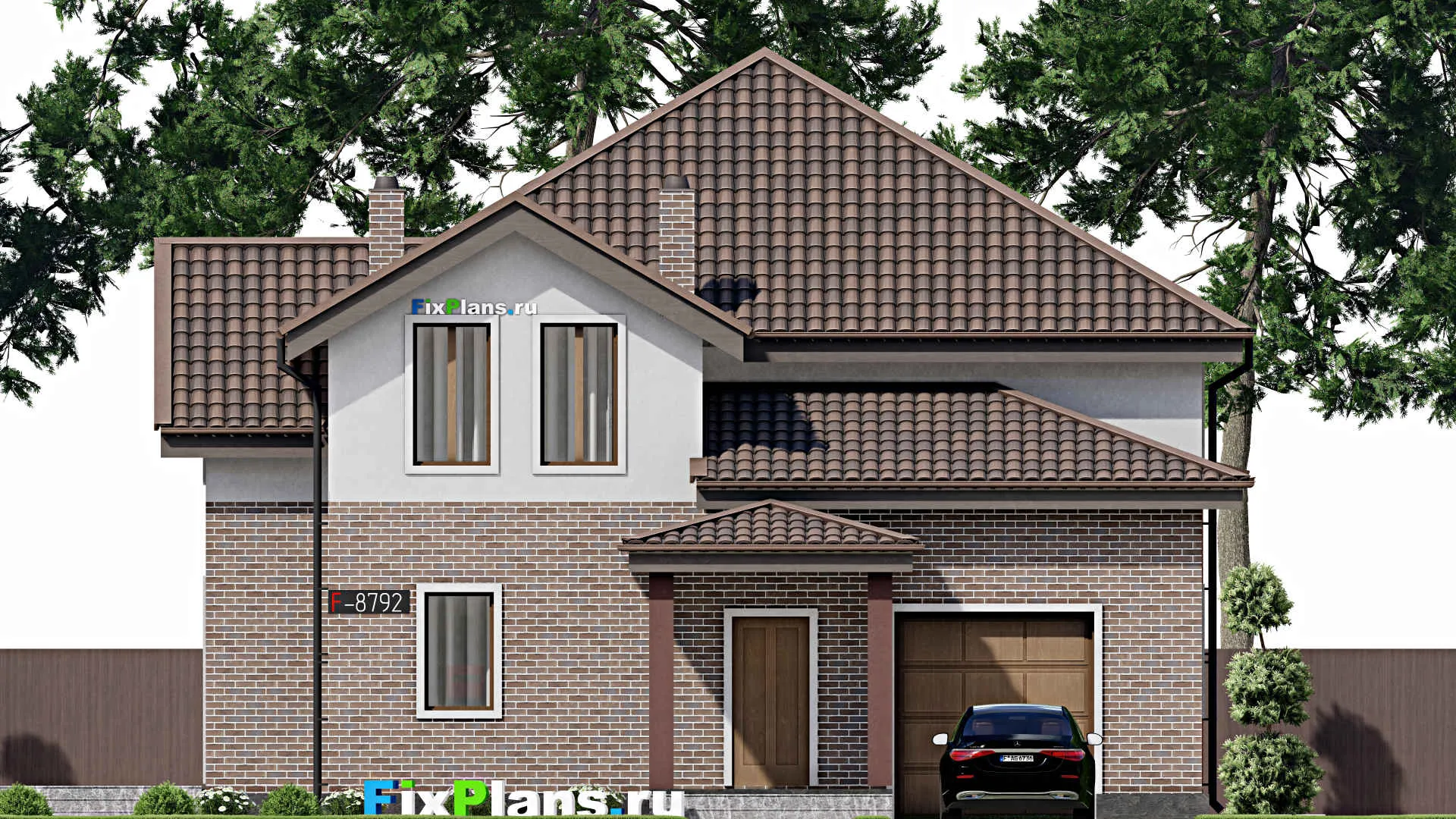 F-8792 - Проект дома с мансардой 17 на 22, площадью 310 м² с террасой, гаражом на 1 машину и 6 спальнями