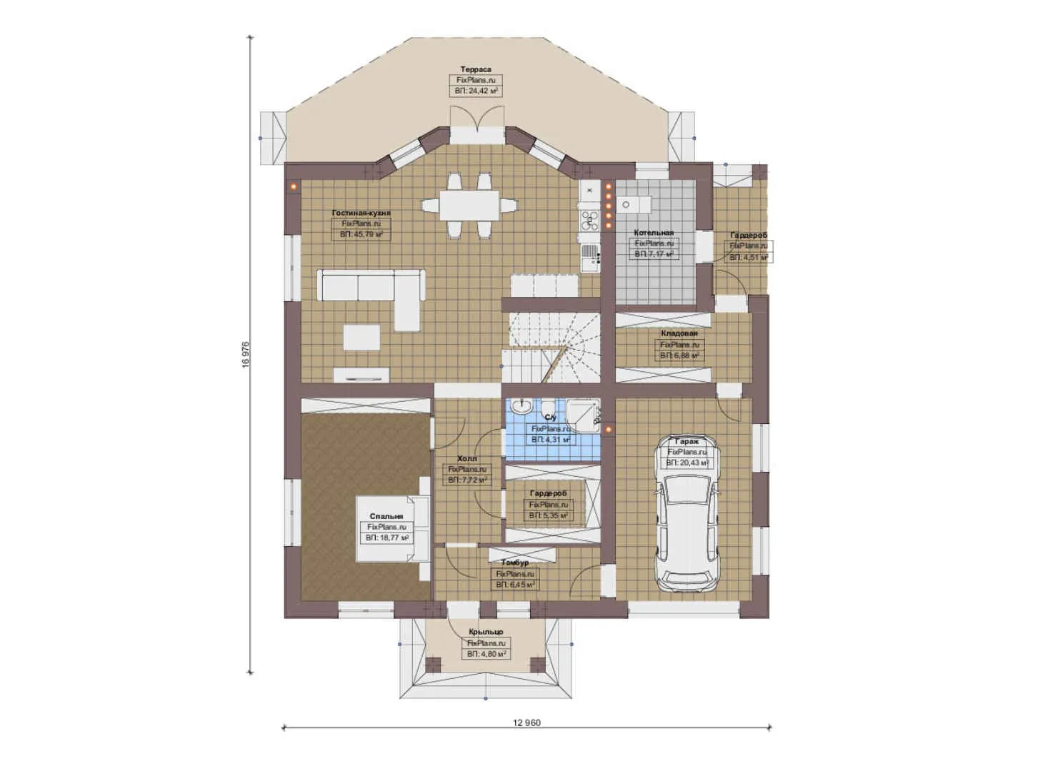 F-15911 - Планы двухэтажного дома 13 на 17, площадью 300 м² с террасой, балконом, гаражом на 1 машину и 4 спальнями