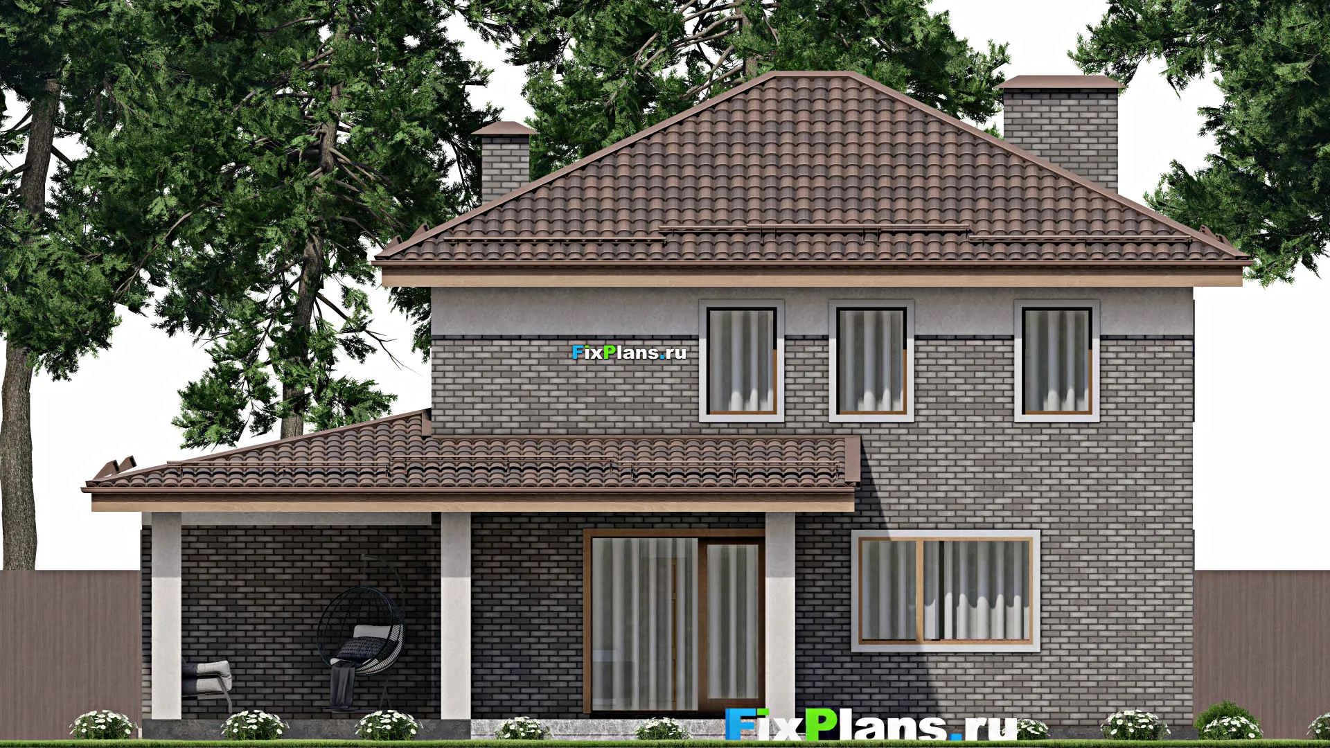 F-12095 - Проект двухэтажного дома 13 на 15, площадью 200 м² с террасой, гаражом на 1 машину и 3 спальнями