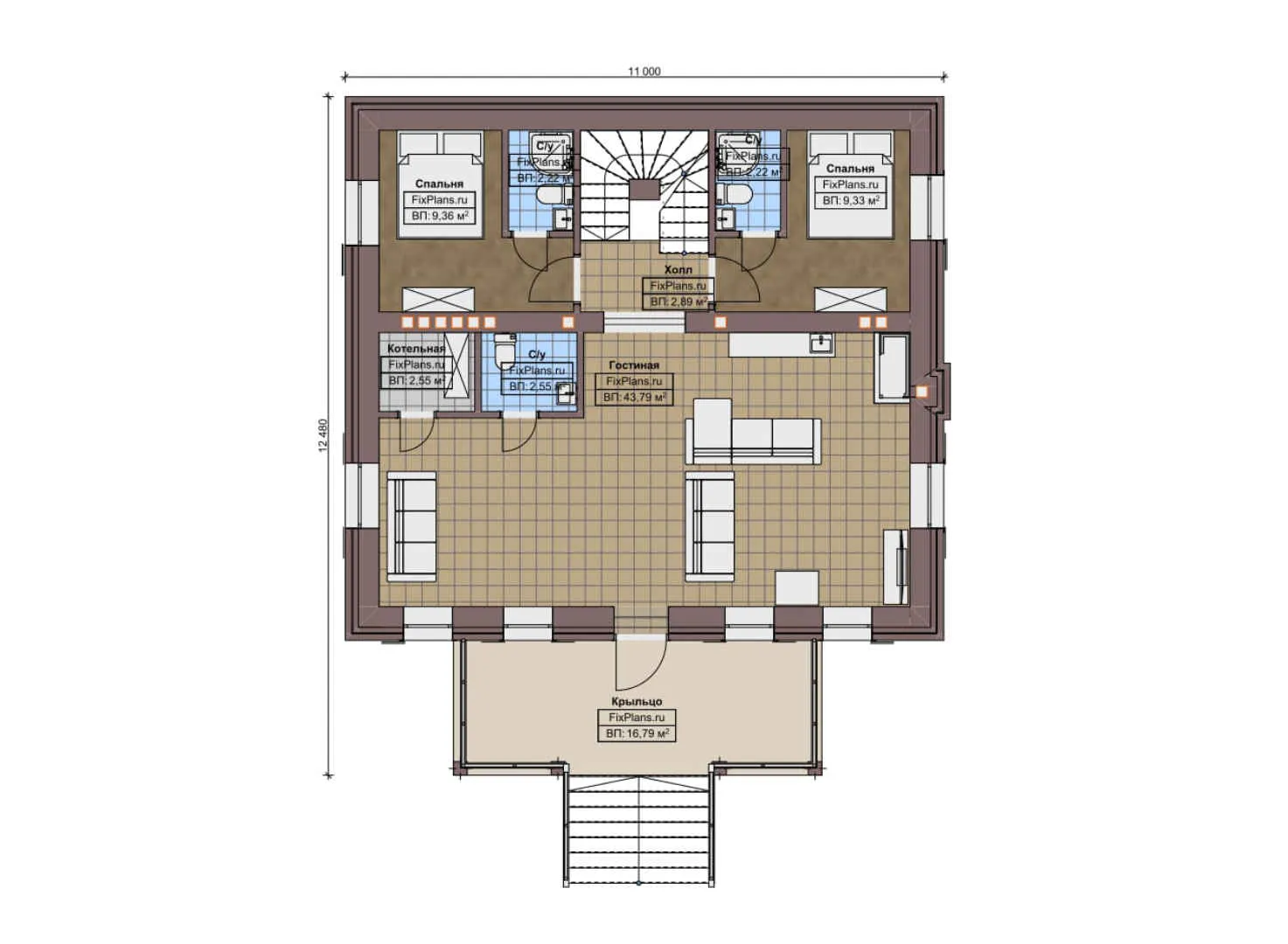 F-9395 - Планы дома с мансардой 11 на 13, площадью 240 м² с цокольным этажом, баней и 5 спальнями