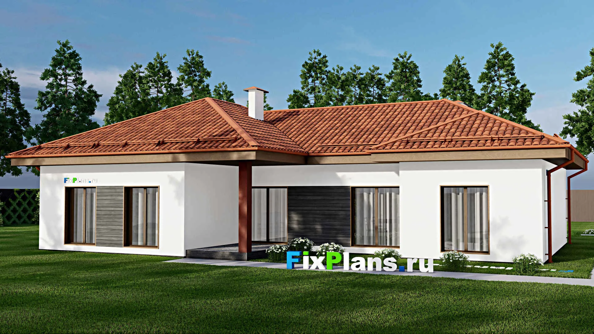 F-6272 - Проект одноэтажного дома 17 на 18, площадью 170 м² с террасой, гаражом на 1 машину и 3 спальнями