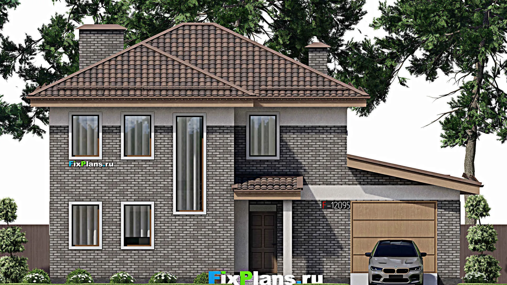 F-12095 - Проект двухэтажного дома 13 на 15, площадью 200 м² с террасой, гаражом на 1 машину и 3 спальнями