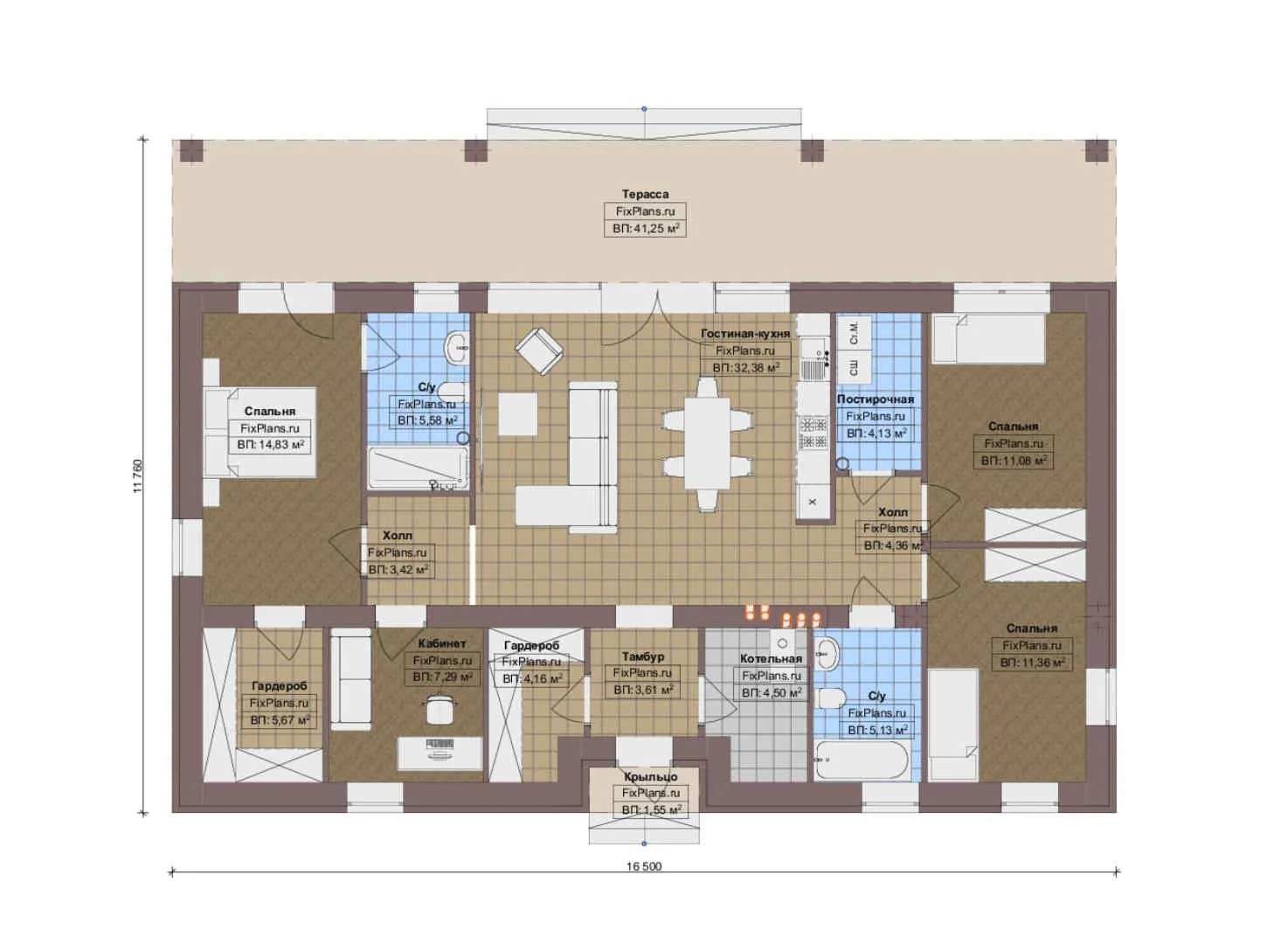 F-16829 - План одноэтажного дома 12 на 17, площадью 160 м² с террасой и 3 спальнями