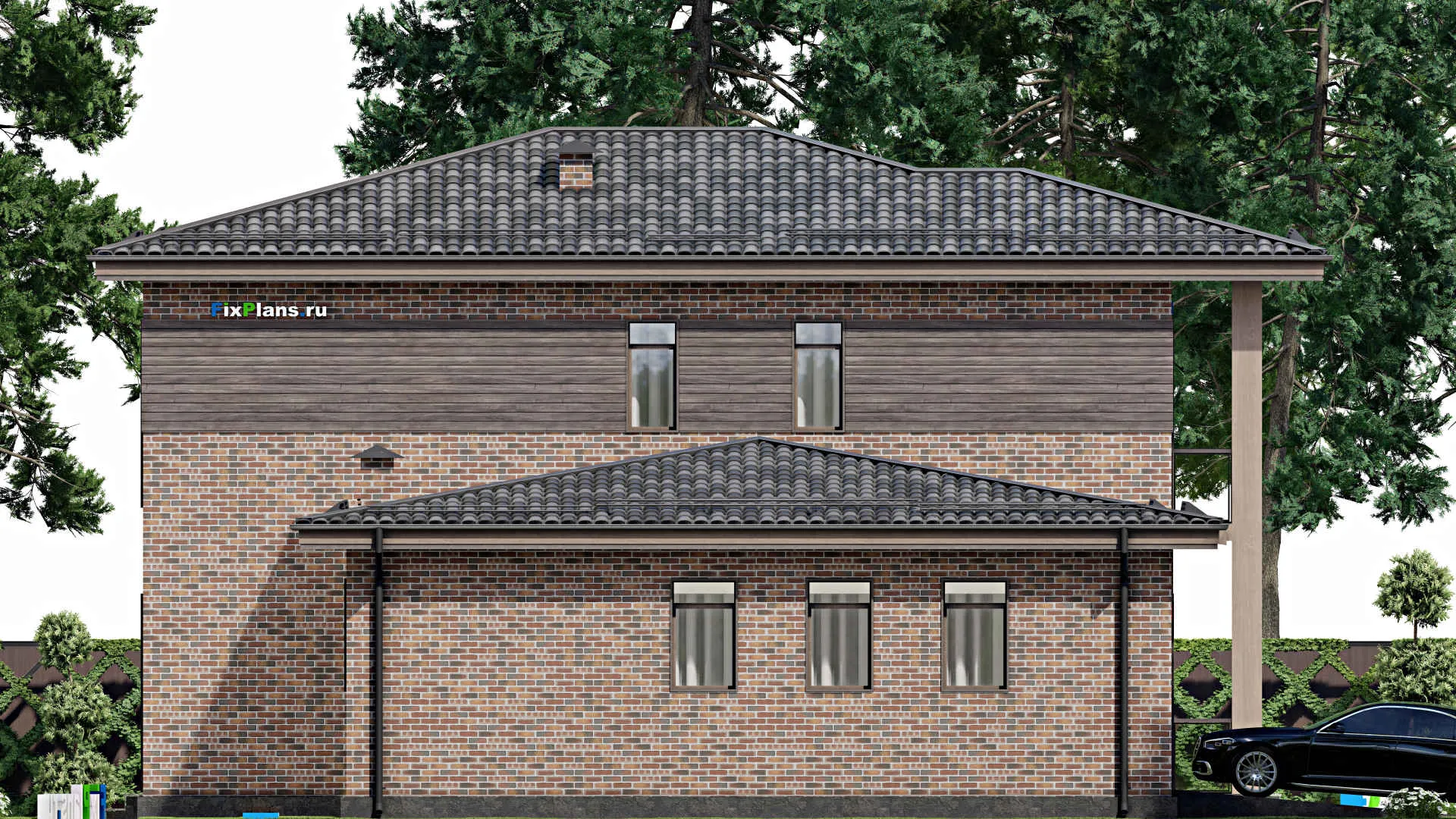 F-6785 - Проект двухэтажного дома 15 на 23, площадью 330 м² с террасой, балконом, гаражом на 2 машины и 4 спальнями