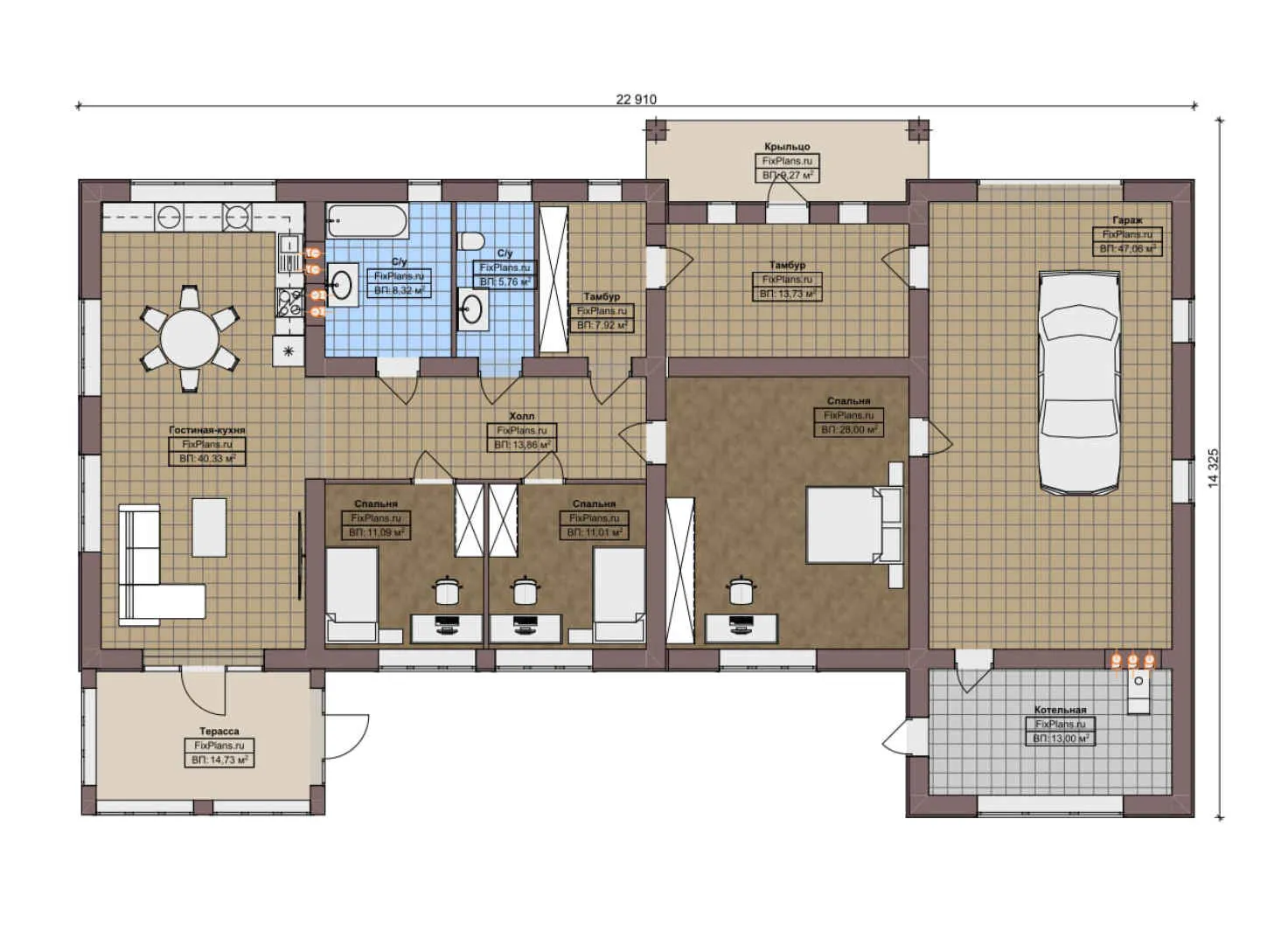 F-8477 - План одноэтажного дома 15 на 23, площадью 230 м² с террасой, гаражом на 2 машины и 3 спальнями