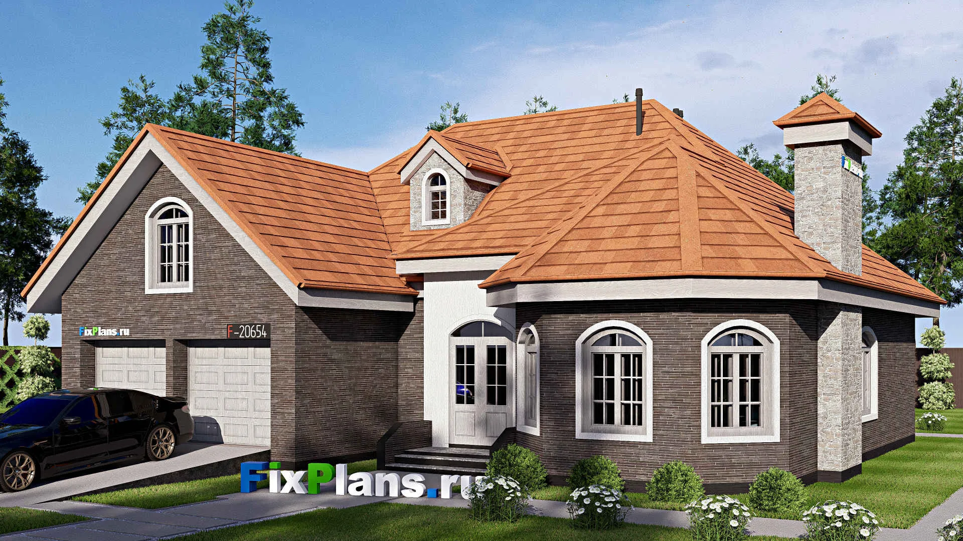 F-20654 - Проект дома с мансардой 14 на 16, площадью 190 м² с гаражом на 2 машины и 2 спальнями