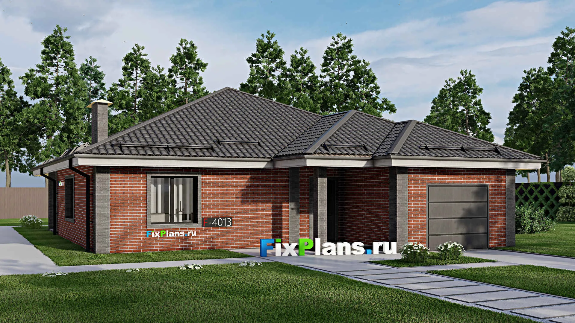 F-4013 - Проект одноэтажного дома 13 на 17, площадью 150 м² с террасой, гаражом на 1 машину и 3 спальнями
