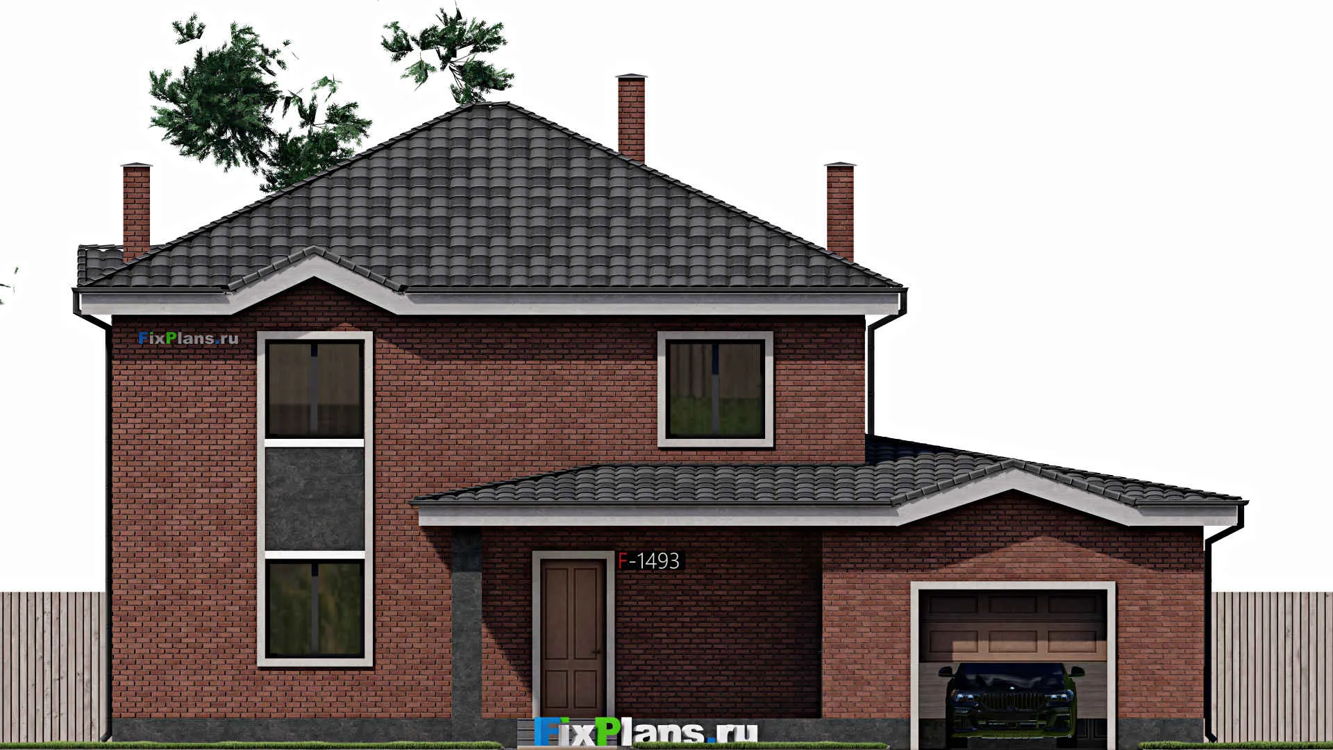 F-1493 - Проект двухэтажного дома 13 на 17, площадью 260 м² с террасой, баней, гаражом на 1 машину и 3 спальнями