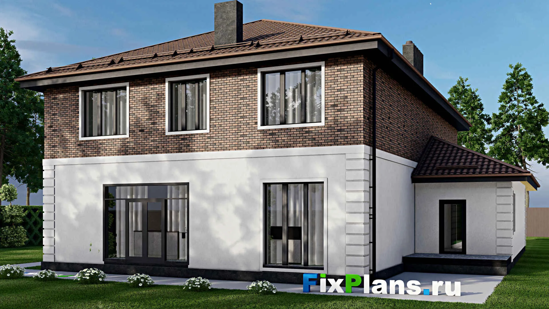 F-7433 - Проект двухэтажного дома 16 на 19, площадью 340 м² с террасой, гаражом на 2 машины и 5 спальнями