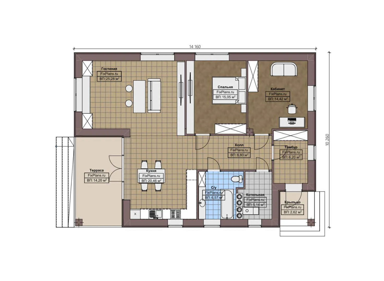 F-2357 - План одноэтажного дома 11 на 15, площадью 120 м² с террасой и 1 спальнями