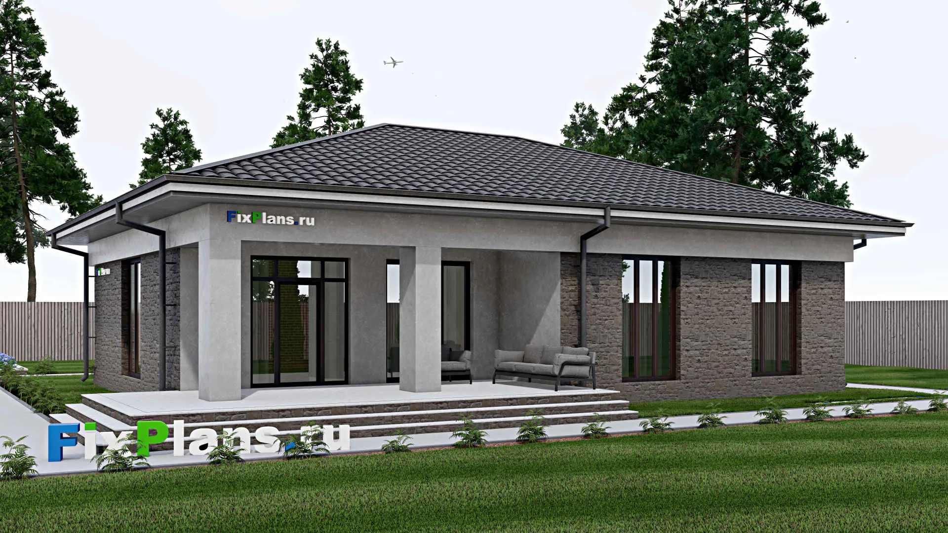 F-0485 - Проект одноэтажного дома 14 на 16, площадью 170 м² с террасой и 3 спальнями