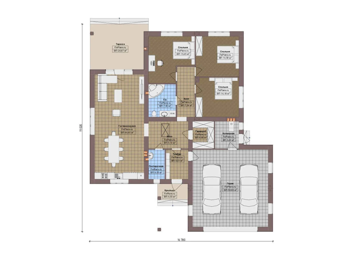 F-17738 - План одноэтажного дома 17 на 20, площадью 210 м² с террасой, гаражом на 2 машины и 3 спальнями
