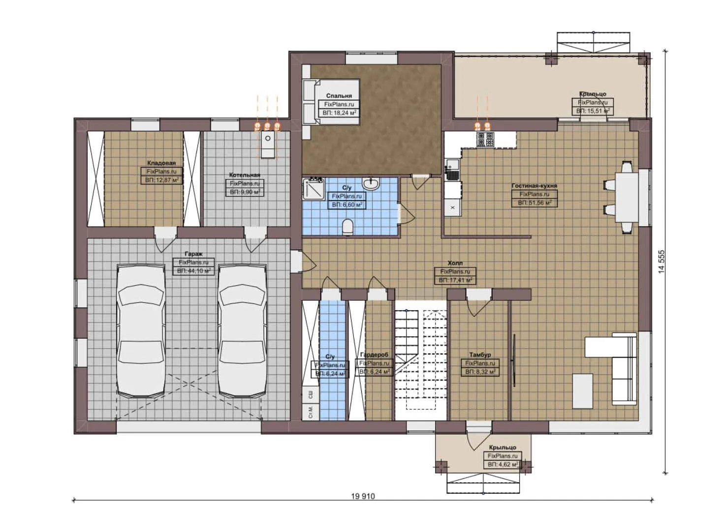 F-7145 - Планы двухэтажного дома 15 на 20, площадью 340 м² с балконом, гаражом на 2 машины и 4 спальнями