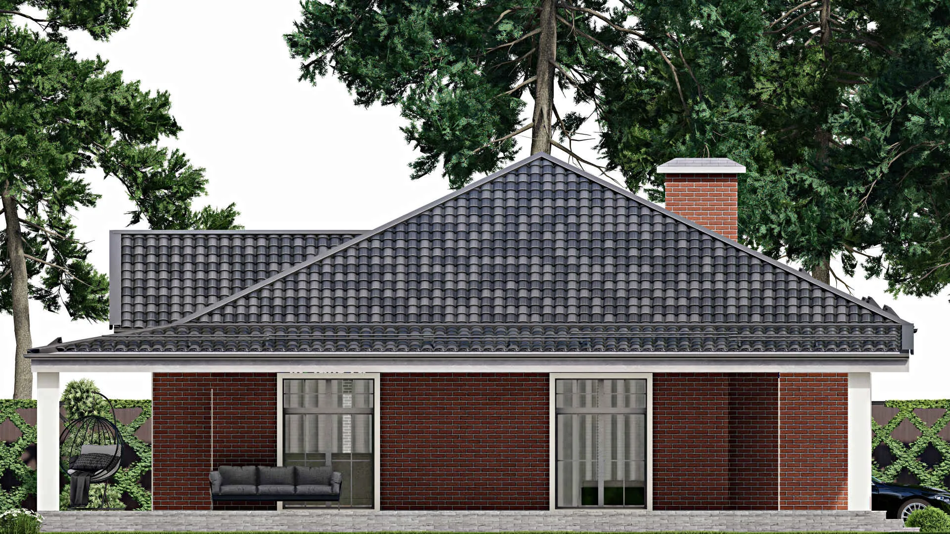 F-5885 - Проект одноэтажного дома 13 на 17, площадью 220 м² с террасой и 3 спальнями