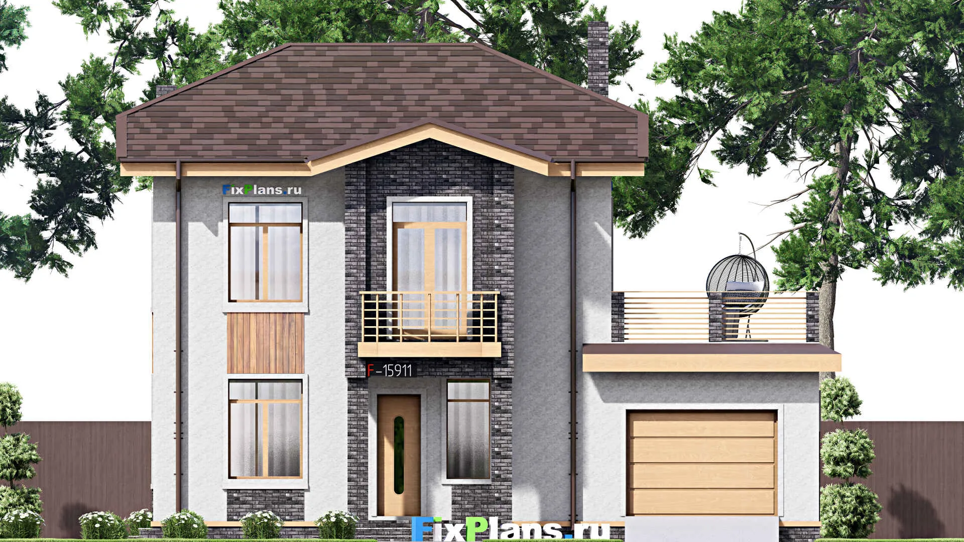 F-15911 - Проект двухэтажного дома 13 на 17, площадью 300 м² с террасой, балконом, гаражом на 1 машину и 4 спальнями